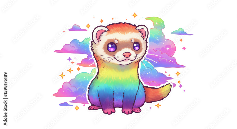 Fototapeta premium Rainbow Ferret Pixel Art Illustration with Cloud Background