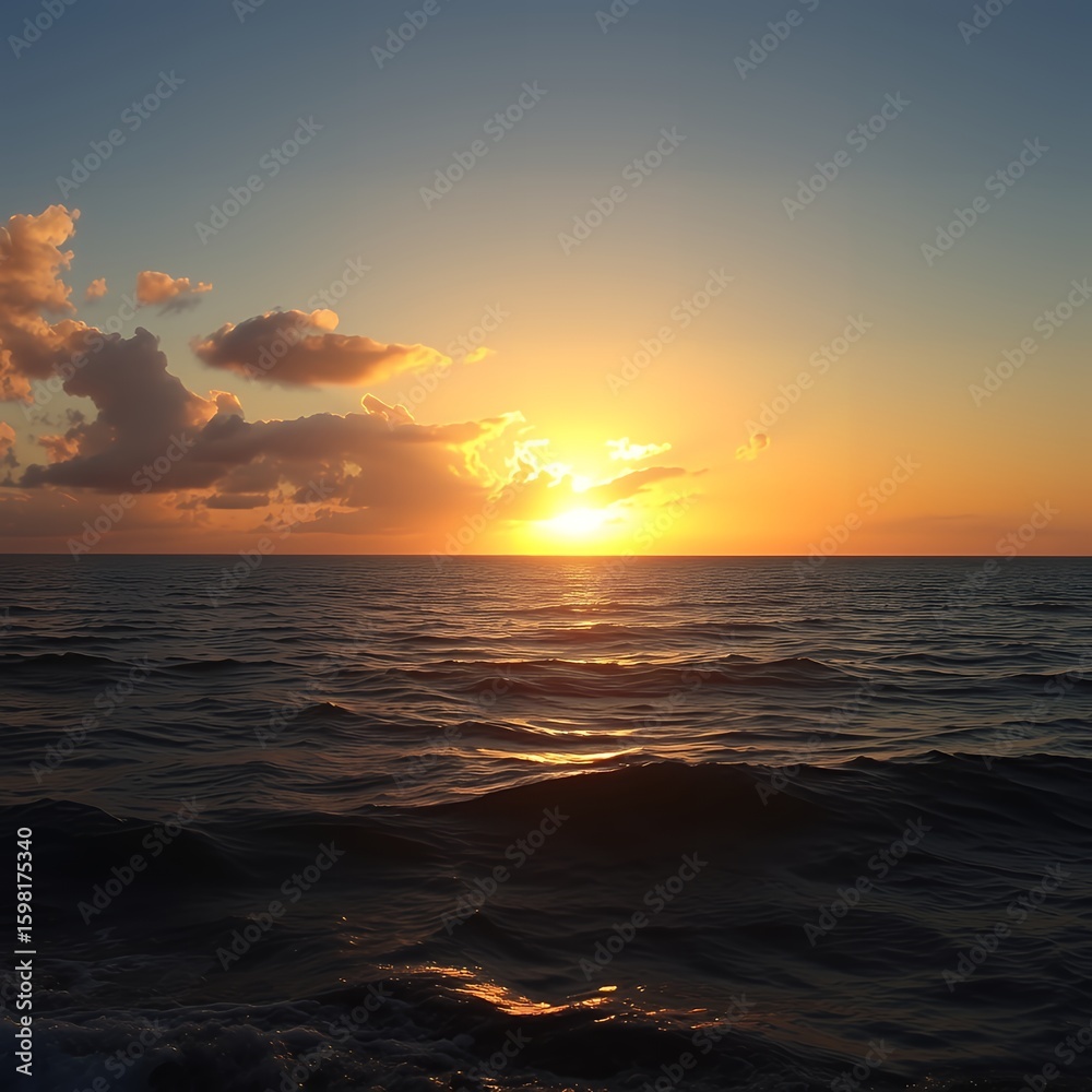 Naklejka premium Golden sunset over calm ocean waves with dramatic clouds