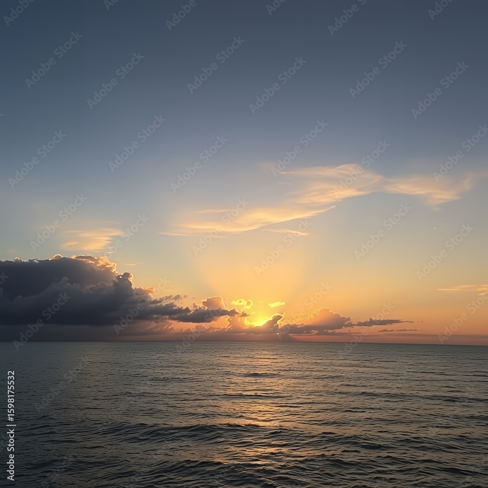 Naklejka premium Serene ocean sunset with golden hues and dramatic clouds