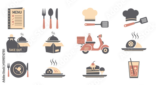 Restaurant food delivery service icons: menu, cutlery, chef hats, takeout containers, scooter, dishes, dessert, drink.