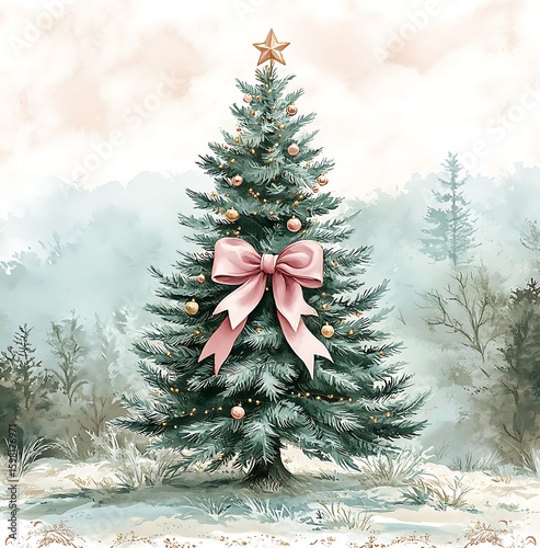 Beautiful watercolor christmas tree decorated with pink bows and festive gold ornaments