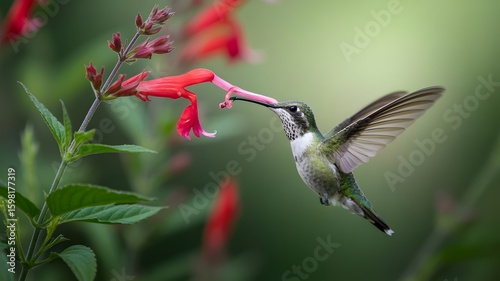 A hummingbird gracefully feeding on nectar from a red flower in its natural habitat