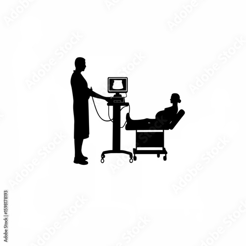 Doctor scanning patient with ultrasound device silhouette on white background