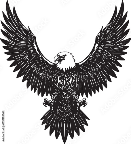 Detailed black and white vector illustration of an eagle with wings fully spread, fierce expression, symmetrical tribal style, isolated on white background,