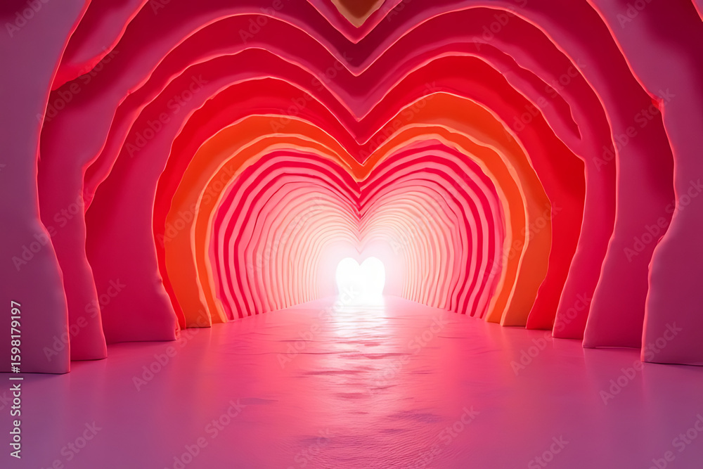 Fototapeta premium Abstract tunnel with heart-shaped opening and layered walls in shades of red pink and orange leading to bright light
