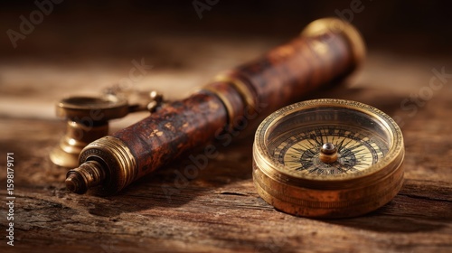 Vintage navigational tools arranged on wood with warm antique lighting