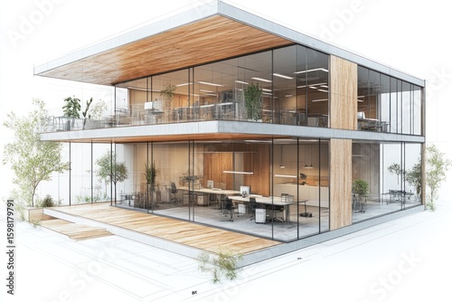 Modern multi-level building concept drawn in architectural style.