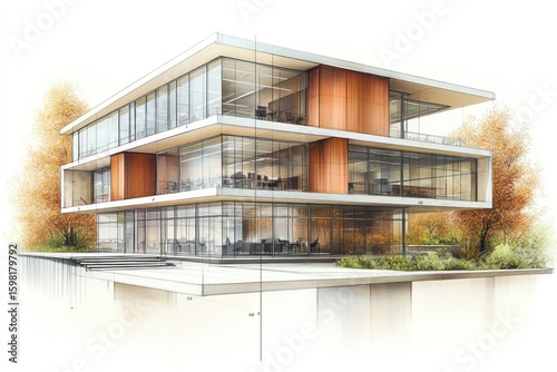 Clean architectural drawing of a modern high-rise apartment block.