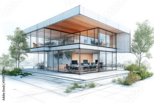 Architectural rendering of modern urban skyscraper with minimal style.