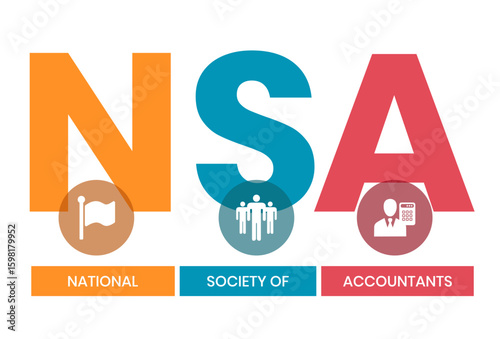 NSA - National Society of Accountants acronym. business concept background. vector illustration concept with keywords and icons. lettering illustration with icons for web banner, flyer
