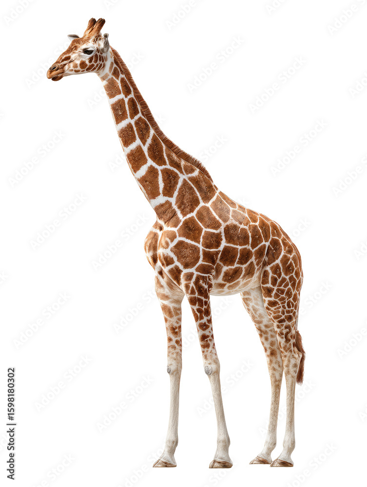 Fototapeta premium Isolated giraffe standing tall against black background. Giraffe's distinctive spots and long neck are clearly visible. Animal silhouette is sharp and well-defined