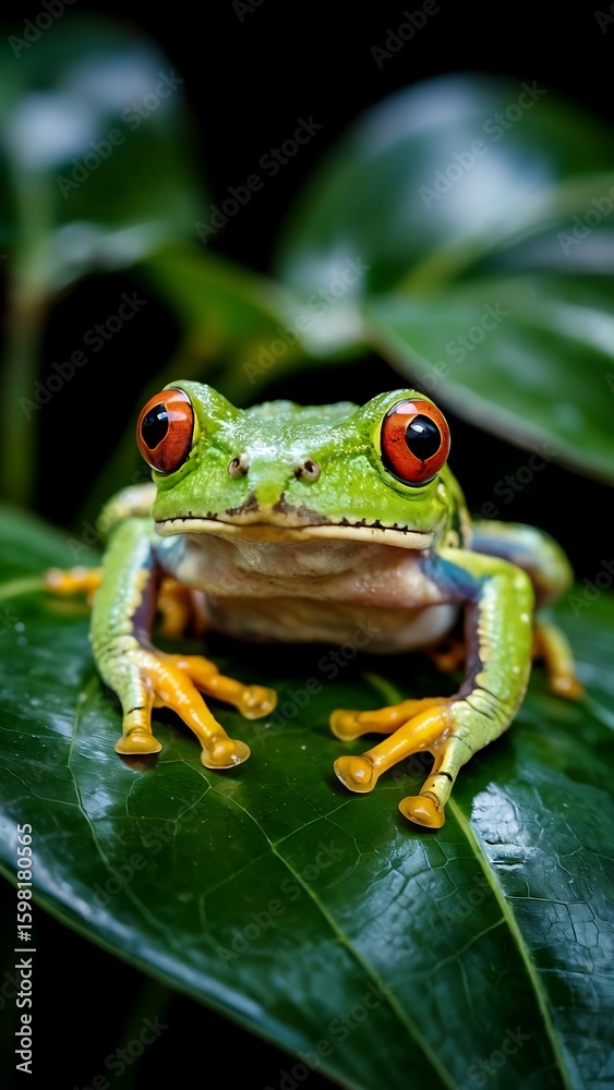 Obraz premium Vibrant green red eyed tree frog perched on lush dark green tropical leaves in natural rainforest habitat