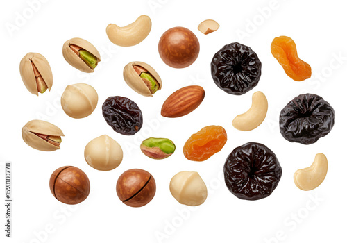 Isolated Photo Assorted Nuts and Dried Fruits on Transparent Background
