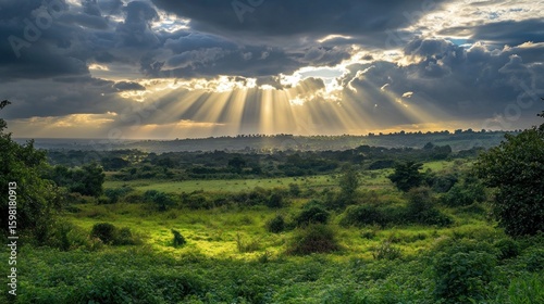 Sunlight breaking through clouds over a grassy landscape