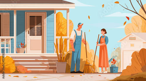 Autumn clean-up day. Neighbor help to woman, husband and wife sweeping leaves fall foliage work man city street cleaning service clean at house backyard cartoon vector illustration