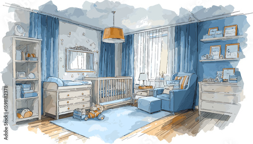 Boys nursery watercolor interior. Baby room design for boy kid, child home furniture newborn bed cot changing table chest of drawers shelf blue wall background vector illustration