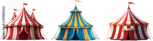 Circus tents. Festive tent red white strips, carnivale dome with flags amusement park fair summer event celebration vintage marque cartoon funfair outdoor party vector illustration