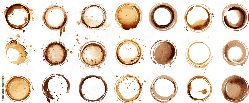 Coffee ring stains. Coffee cup stain realistic set, hot drink mug circle splash stamp cafe dirty liquid spot caffeine splatter or tea drip mark stained texture vector illustration