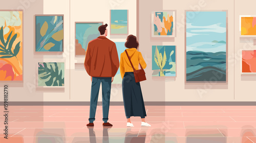 Couple looking painting at exhibition. Man with woman inside art gallery museum room interior, paintings exhibit frame on wall modern or classic artwork culture vector illustration