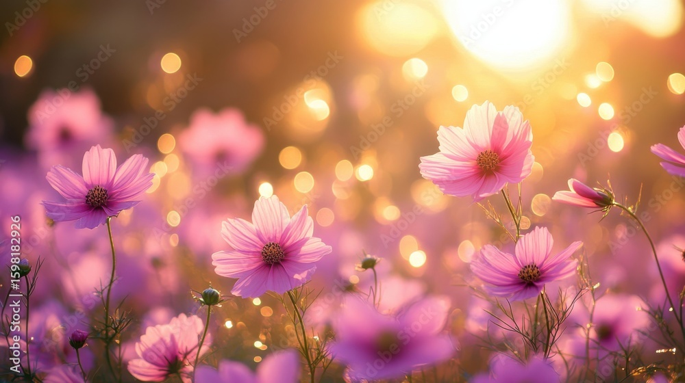 Breathtaking sunrise over blooming purple flowers nature landscape soft focus serene atmosphere inspirational beauty