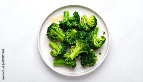 Steamed broccoli florets on a white plate