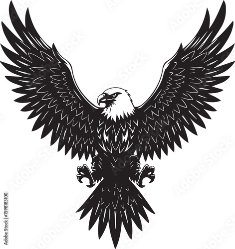 Detailed black and white vector illustration of an eagle with wings fully spread, fierce expression, symmetrical tribal style, isolated on white background,