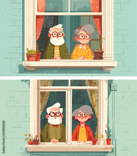 Elderly couple at window. Cartoon old people windowsill looking out home room to city street or neighbors, pensioners house neighborhood aged man woman cartoon vector illustration