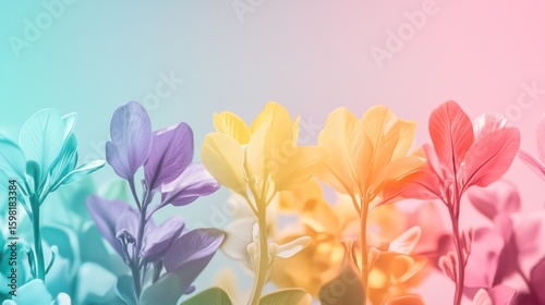 Colorful flowers in pastel rainbow hues on a soft background.