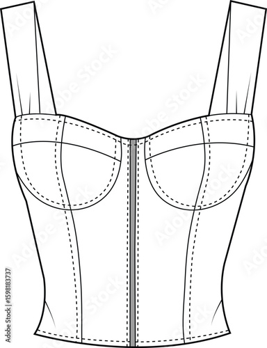Structured Corset Top Front View | Technical Fashion Illustration | Flat Apparel Template CAD | Women’s Bustier Design