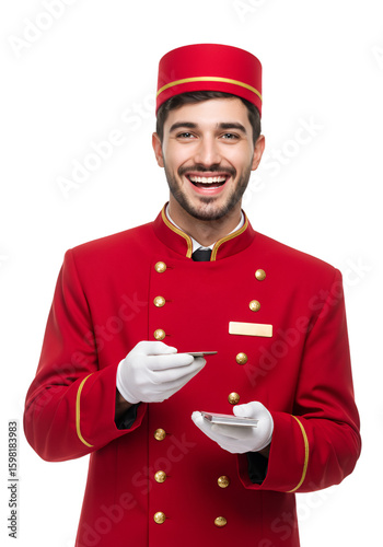 Isolated Photo of Bellboy in Red Uniform Holding Key