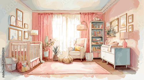 Girls nursery watercolor interior. Baby room design for little lady, child home furniture newborn kid bed cot cozy chair dresser pink curtains wall background vector illustration