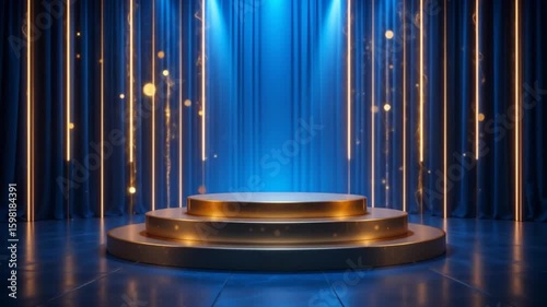 Elegant Product Display Stage with Blue Curtains and Golden Lights Background Video