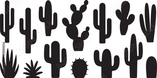 Collection of silhouette desert cacti and succulents
