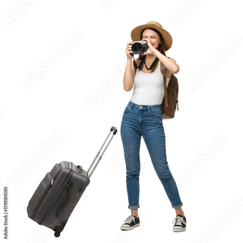 Isolated Photo of Traveling Woman with Camera and Luggage