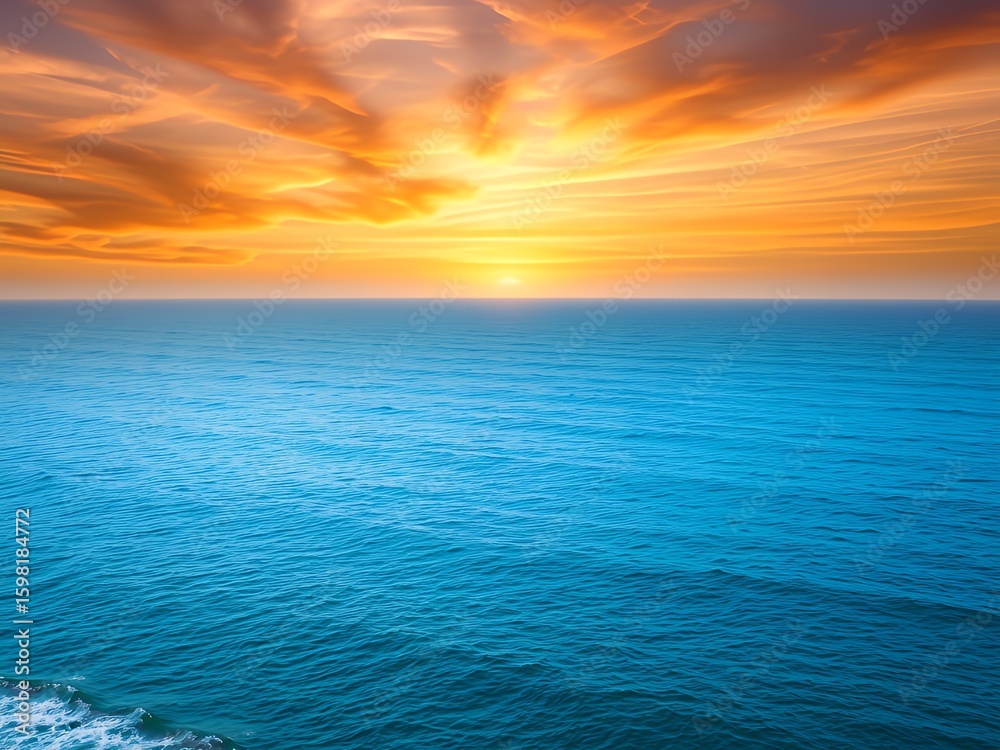 Fototapeta premium Vibrant sunset over a calm blue ocean with dramatic clouds
