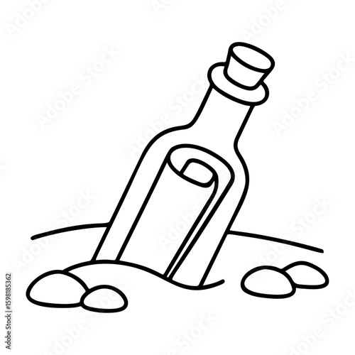 Message in bottle black and white icon clean line art, doodle style. A rolled-up letter. Ideal for logo, tattoo, app, coloring book, web design, infographics, banner, poster. Vector illustration