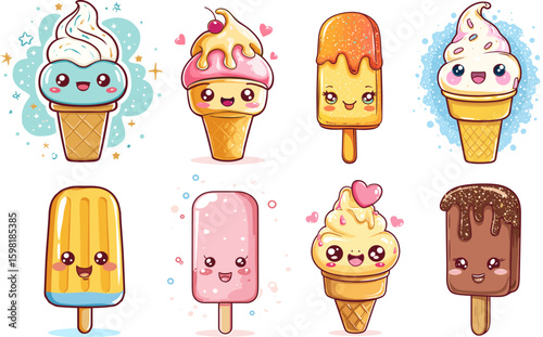 Kawaii Ice cream. Icecream stickers, cute cartoon characters funny chocolate or fruit popsicle soft plombir on stick frozen summer desert sweets mascot set vector illustration