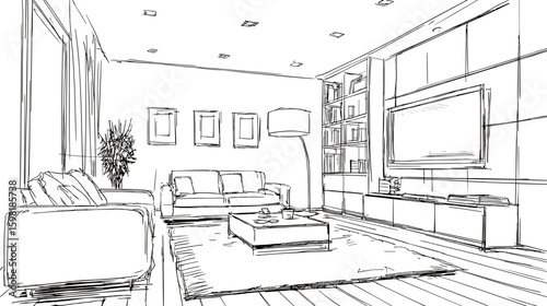 Living room sketch. Home interior cozy furnitures sketches hand drawn, tv wall sofa couch torchiere lamp nightstand coffee table minimalist scandinavian design vector illustration