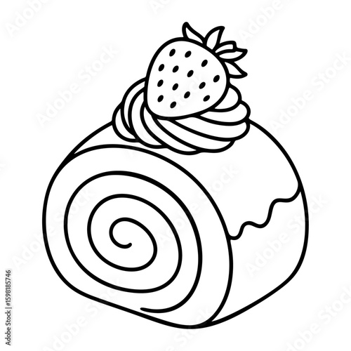 Swiss roll cake topped with strawberry black and white icon clean line art, doodle style. Ideal for logo, tattoo, app, coloring book, web design, infographics, banner, poster