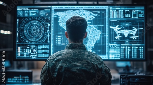 Military personnel analyzing tactical data in high-tech command center digital environment strategic insights