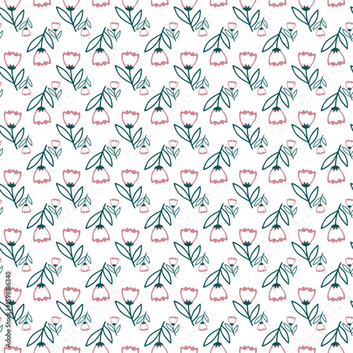 Seamless Pattern of Red Decorative Flowers with Blue Stems on White Background
