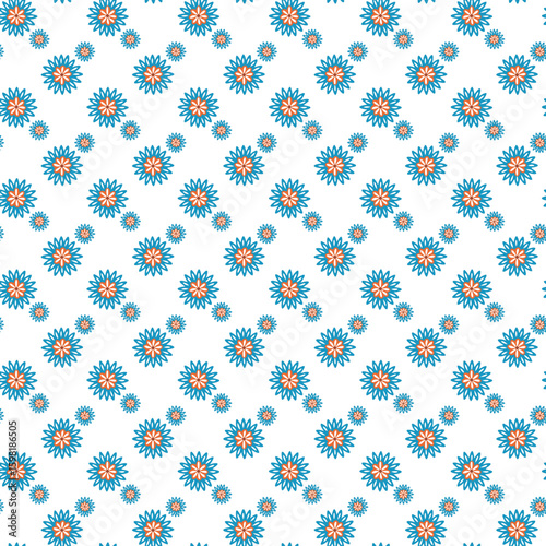Seamless Pattern With Blue and Orange Floral Motifs on White Background