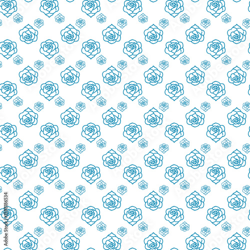 Seamless Pattern With Blue Outlined Roses on White Background