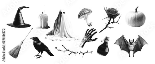 Trendy halftone design elements for Halloween. Ghost, witch hat, bat, pumpkin, fly agaric, rose with thorns, candle, broom. Retro mixed media vector illustration on transparent background.