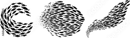 School of fish silhouette. Fishes shoal black logo design, tuna swarm salmon curve line swim in river circle shape group aquarium animals silhouettes in water vector illustration