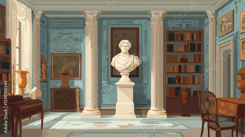 Statue in museum room. Greek roman sculpture on exhibition inside museum hall interior, ancient culture history exhibit paintings on wall with columns cartoon vector illustration