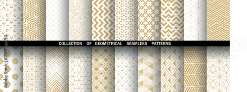 Geometric set of seamless golden and white patterns. Simple vector graphics
