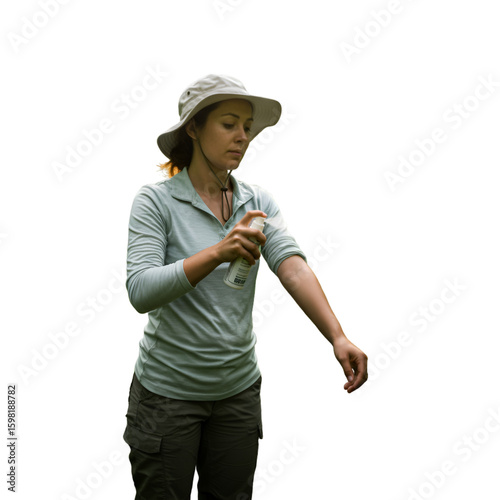 Isolated Photo Woman Applying Insect Repellent Outdoors