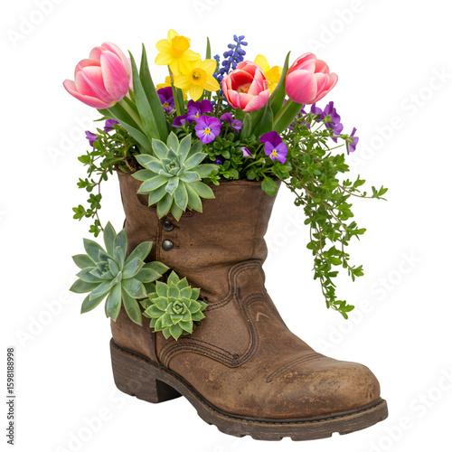 Isolated Photo Spring Flowers in a Brown Boot