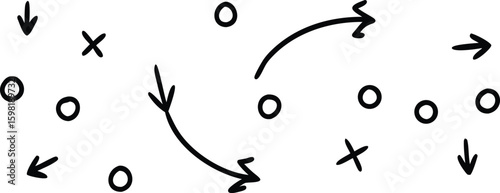 Vector art of a handdrawn diagram illustrating game strategy with arrows, circles, and xs on a transparent background.